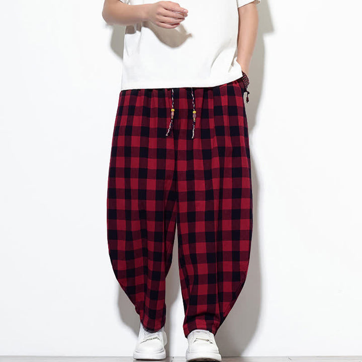 Buddha Stones Pantalon harem d'été à carreaux, taille haute, cordon de serrage et poches pour homme - Rouge - US/UK/AU46，EU56 (5XL) - image 19