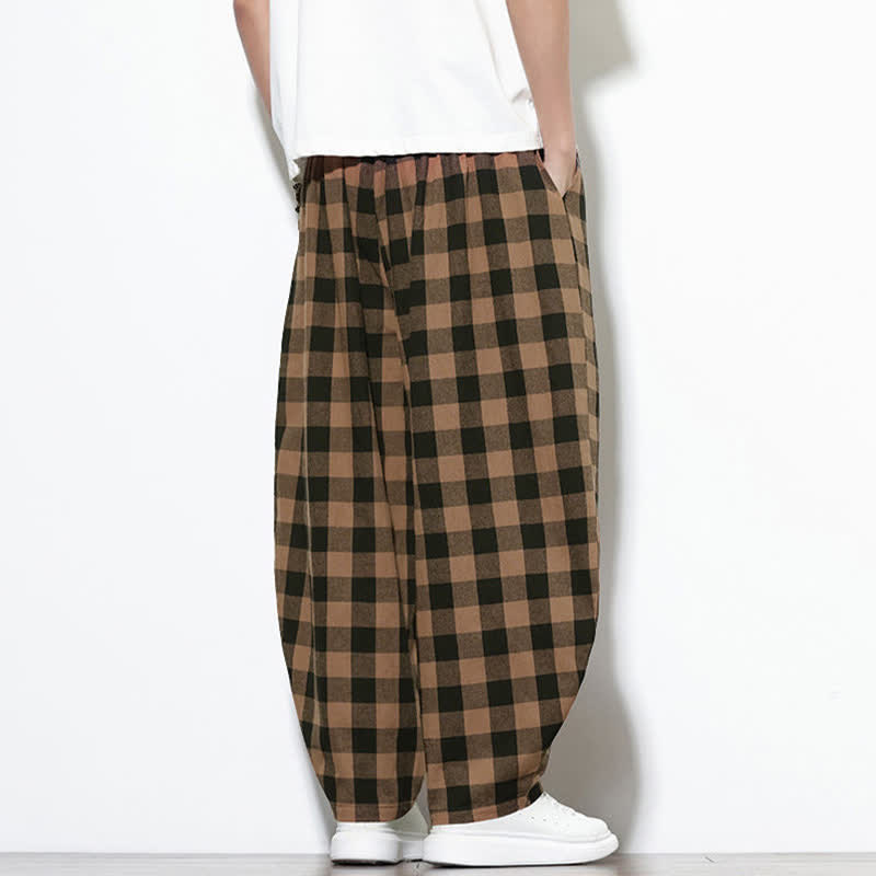 Buddha Stones Pantalon harem d'été à carreaux, taille haute, cordon de serrage et poches pour homme - image 18