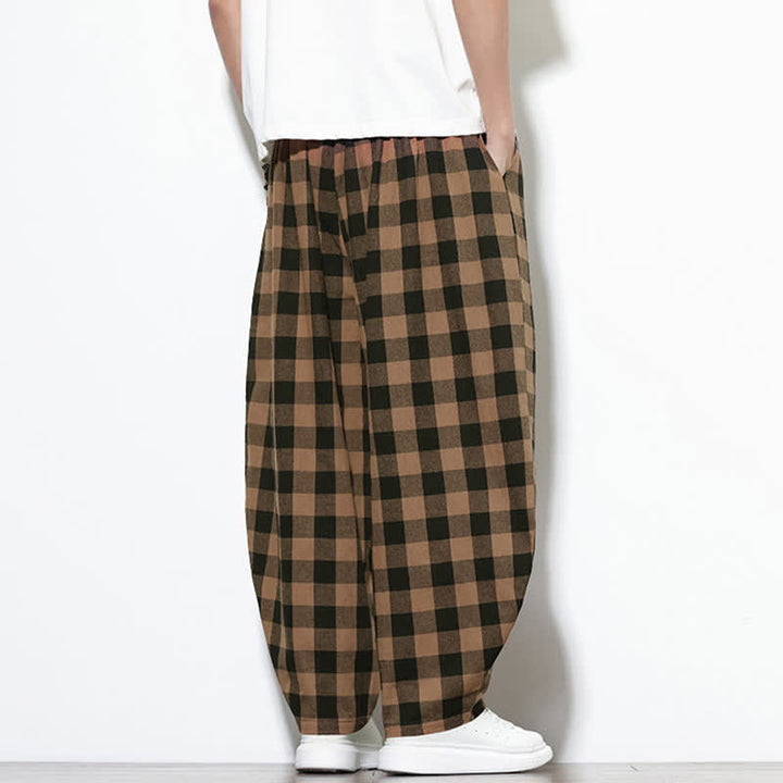 Buddha Stones Pantalon harem d'été à carreaux, taille haute, cordon de serrage et poches pour homme - image 18