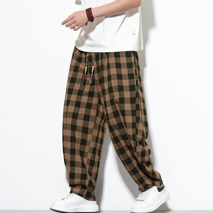 Buddha Stones Pantalon harem d'été à carreaux, taille haute, cordon de serrage et poches pour homme - image 14