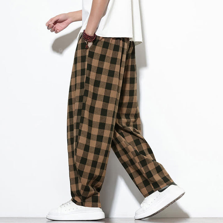 Buddha Stones Pantalon harem d'été à carreaux, taille haute, cordon de serrage et poches pour homme - image 16