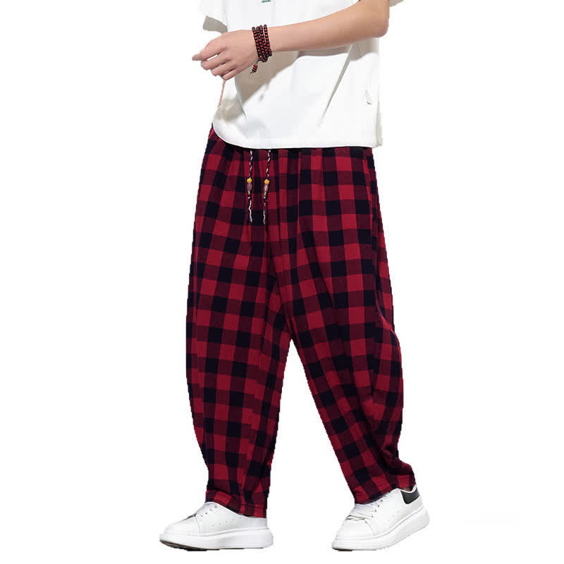 Buddha Stones Pantalon harem d'été à carreaux, taille haute, cordon de serrage et poches pour homme - image 25