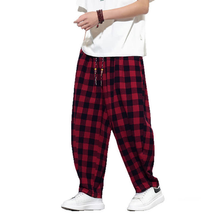 Buddha Stones Pantalon harem d'été à carreaux, taille haute, cordon de serrage et poches pour homme - image 25