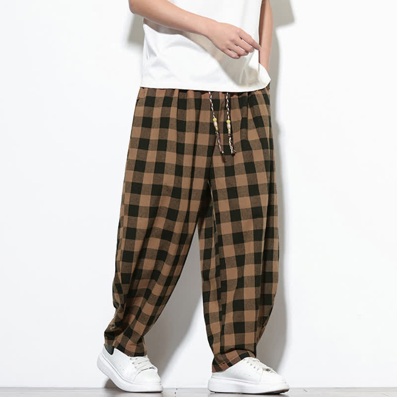 Buddha Stones Pantalon harem d'été à carreaux, taille haute, cordon de serrage et poches pour homme - image 15