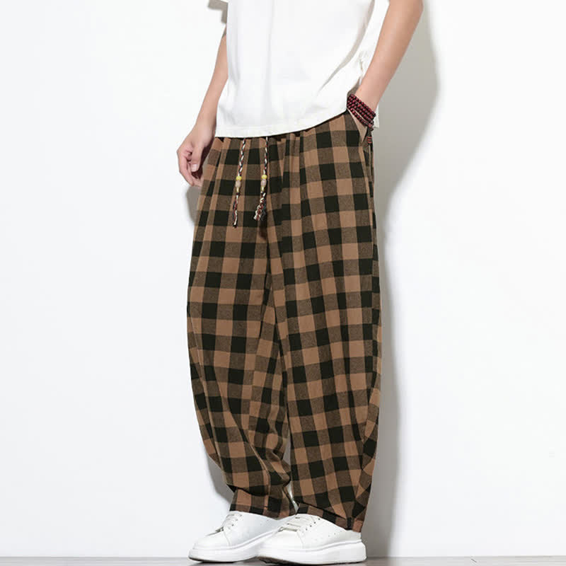 Buddha Stones Pantalon harem d'été à carreaux, taille haute, cordon de serrage et poches pour homme - image 17