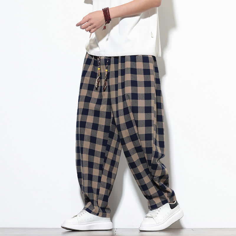 Buddha Stones Pantalon harem d'été à carreaux, taille haute, cordon de serrage et poches pour homme - image 35