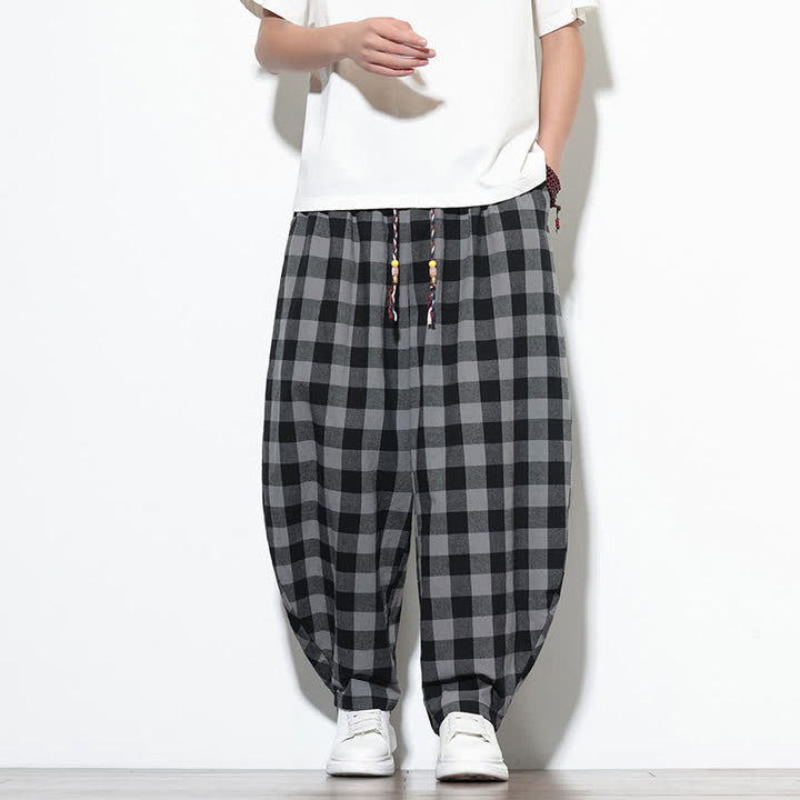 Buddha Stones Pantalon harem d'été à carreaux, taille haute, cordon de serrage et poches pour homme - Noir - US/UK/AU46，EU56 (5XL) - image 0