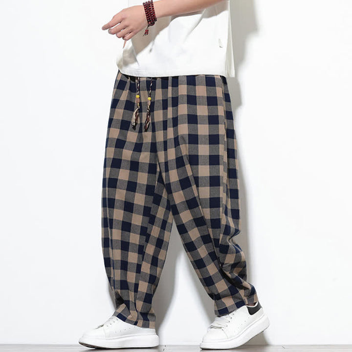 Buddha Stones Pantalon harem d'été à carreaux, taille haute, cordon de serrage et poches pour homme - image 34