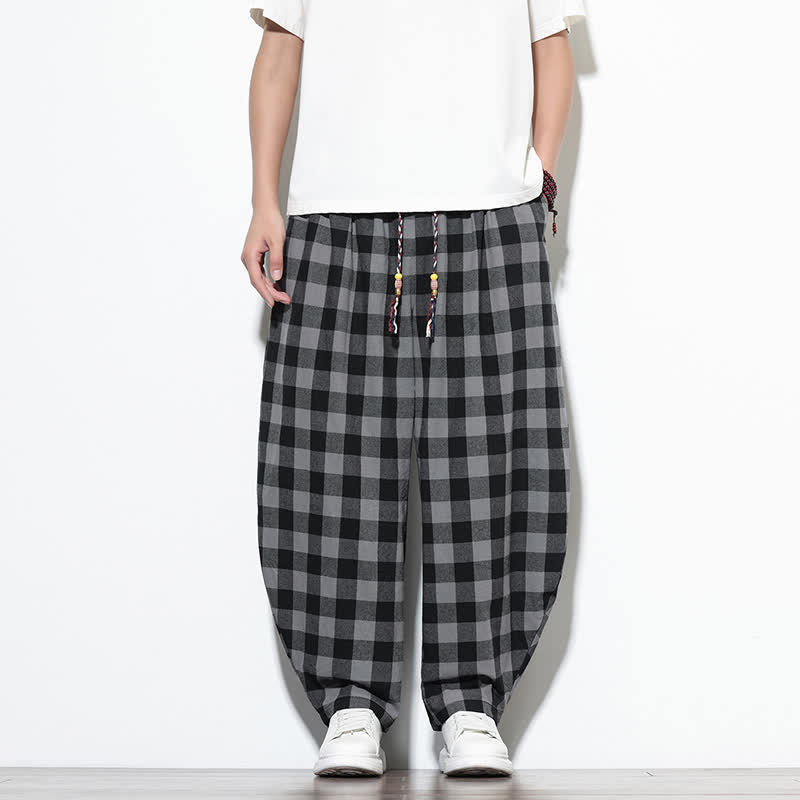Buddha Stones Pantalon harem d'été à carreaux, taille haute, cordon de serrage et poches pour homme - image 1