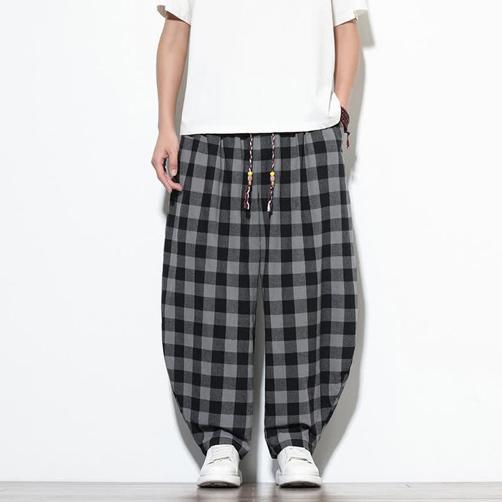 Buddha Stones Pantalon harem d'été à carreaux, taille haute, cordon de serrage et poches pour homme - image 1