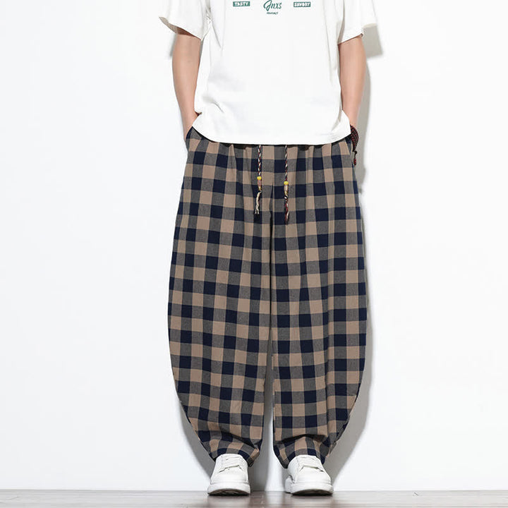 Buddha Stones Pantalon harem d'été à carreaux, taille haute, cordon de serrage et poches pour homme - image 30