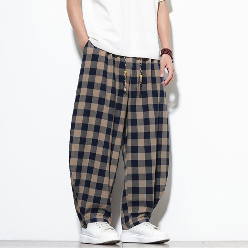 Buddha Stones Pantalon harem d'été à carreaux, taille haute, cordon de serrage et poches pour homme - image 29