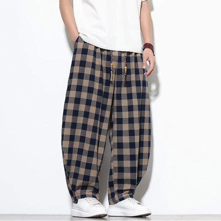 Buddha Stones Pantalon harem d'été à carreaux, taille haute, cordon de serrage et poches pour homme - image 29