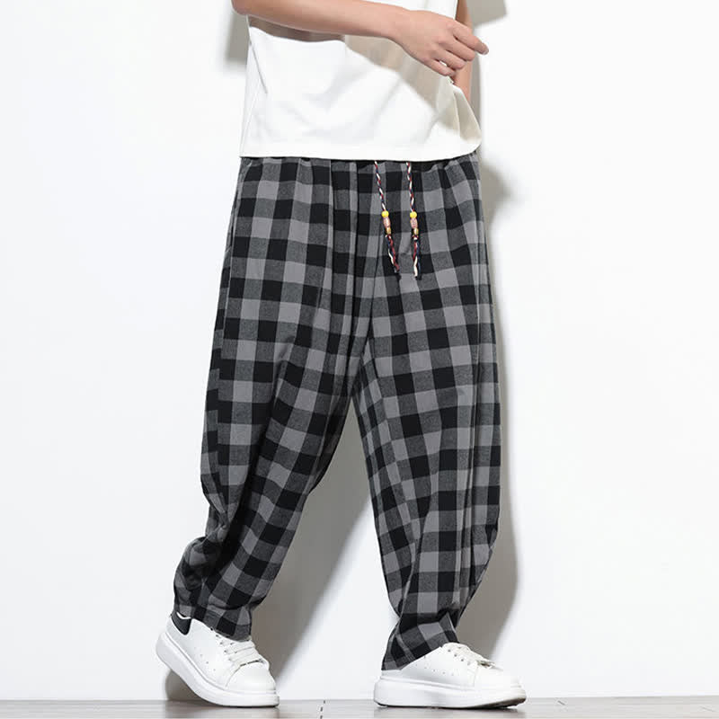 Buddha Stones Pantalon harem d'été à carreaux, taille haute, cordon de serrage et poches pour homme - image 6