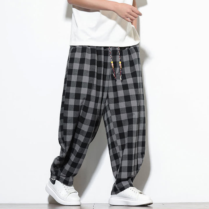 Buddha Stones Pantalon harem d'été à carreaux, taille haute, cordon de serrage et poches pour homme - image 6