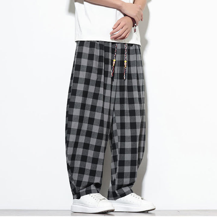Buddha Stones Pantalon harem d'été à carreaux, taille haute, cordon de serrage et poches pour homme - image 3