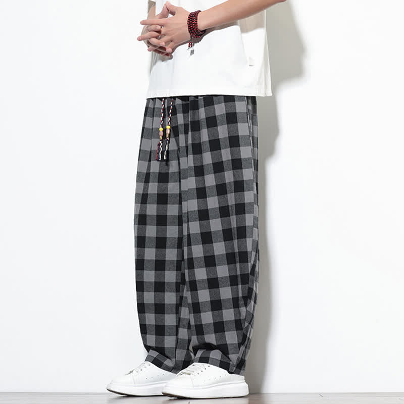 Buddha Stones Pantalon harem d'été à carreaux, taille haute, cordon de serrage et poches pour homme - image 2