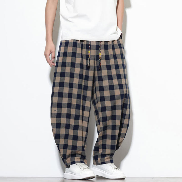 Buddha Stones Pantalon harem d'été à carreaux, taille haute, cordon de serrage et poches pour homme - image 33