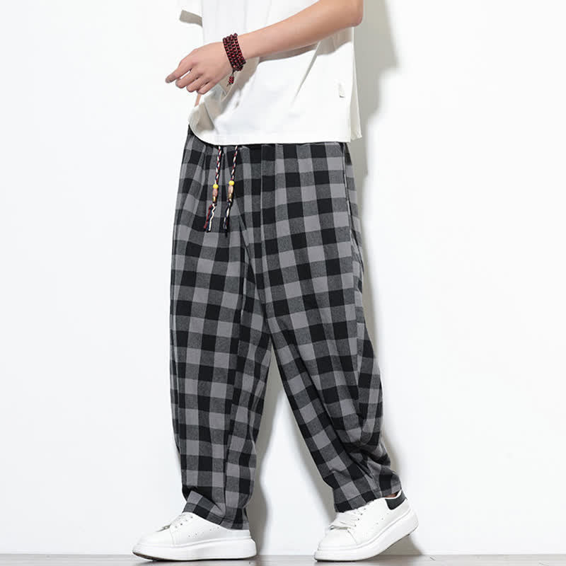 Buddha Stones Pantalon harem d'été à carreaux, taille haute, cordon de serrage et poches pour homme - image 4