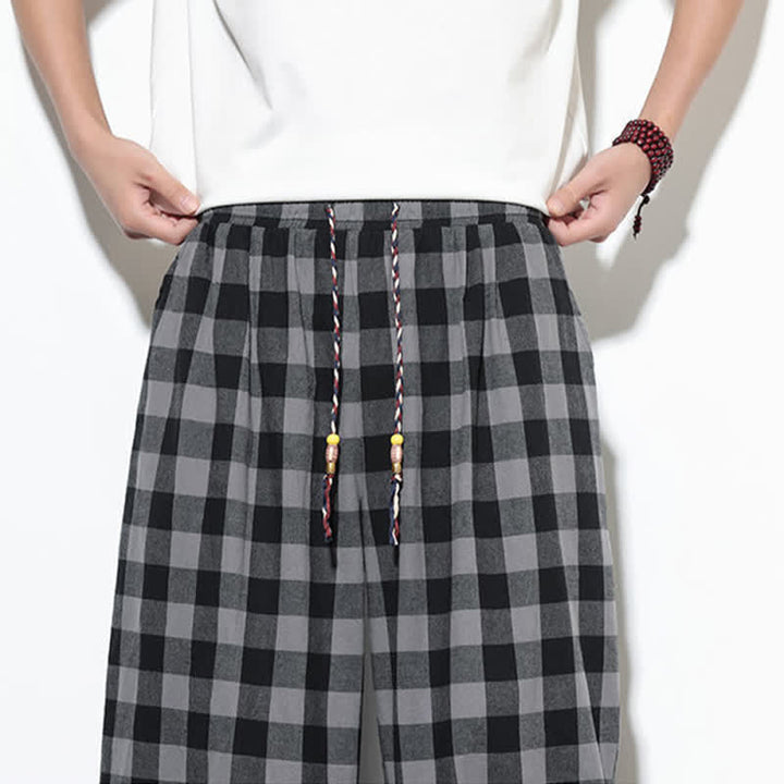 Buddha Stones Pantalon harem d'été à carreaux, taille haute, cordon de serrage et poches pour homme - image 8