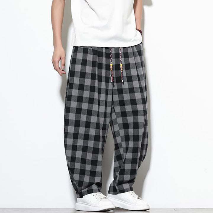 Buddha Stones Pantalon harem d'été à carreaux, taille haute, cordon de serrage et poches pour homme - image 7