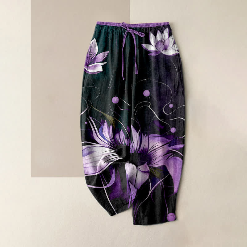 Buddha Stones Pantalon femme en pur coton violet imprimé lotus, taille élastique et poches - Noir - US16，UK/AU20，EU48 (3XL) - image 0