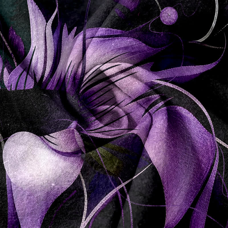 Buddha Stones Pantalon femme en pur coton violet imprimé lotus, taille élastique et poches - image 1