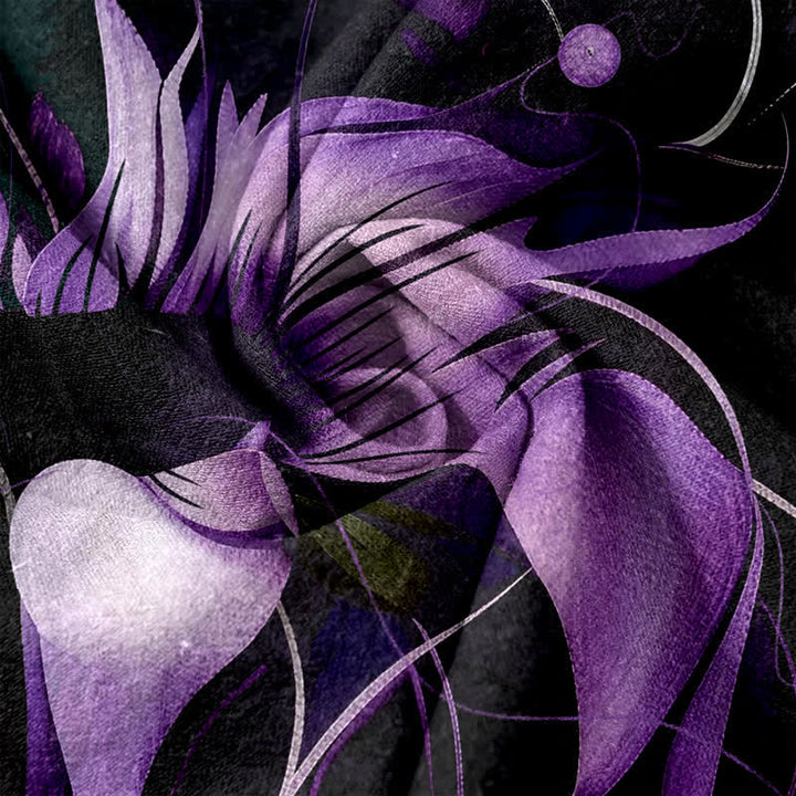 Buddha Stones Pantalon femme en pur coton violet imprimé lotus, taille élastique et poches - image 1