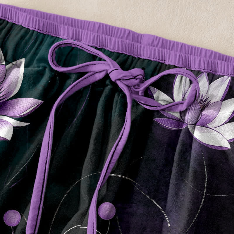 Buddha Stones Pantalon femme en pur coton violet imprimé lotus, taille élastique et poches - image 2