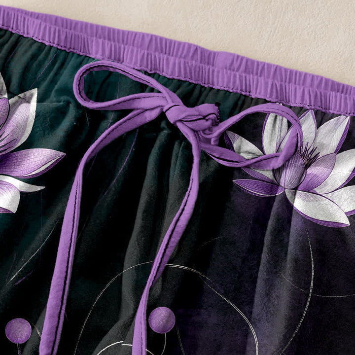 Buddha Stones Pantalon femme en pur coton violet imprimé lotus, taille élastique et poches - image 2