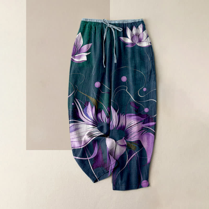 Buddha Stones Pantalon femme en pur coton violet imprimé lotus, taille élastique et poches - Sarcelle - US16，UK/AU20，EU48 (3XL) - image 4