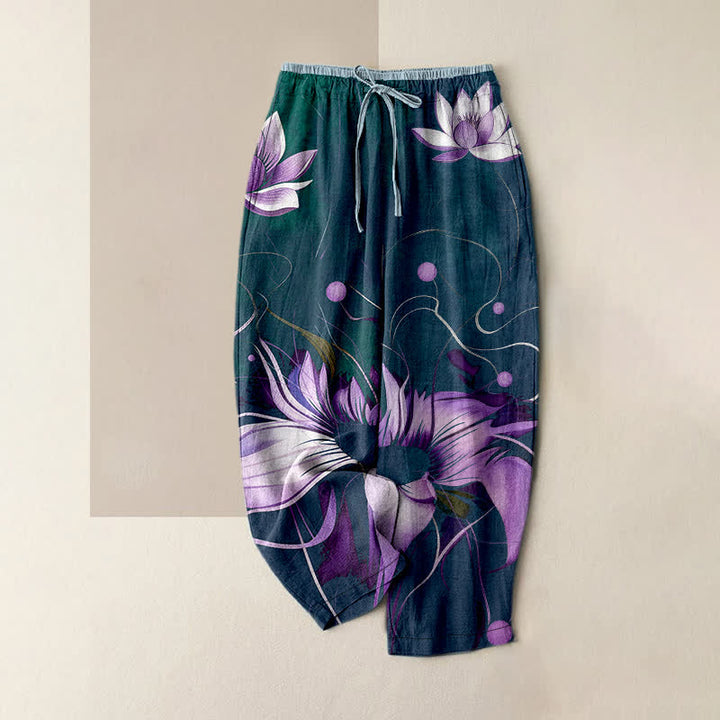 Buddha Stones Pantalon femme en pur coton violet imprimé lotus, taille élastique et poches - Sarcelle - US16，UK/AU20，EU48 (3XL) - image 4