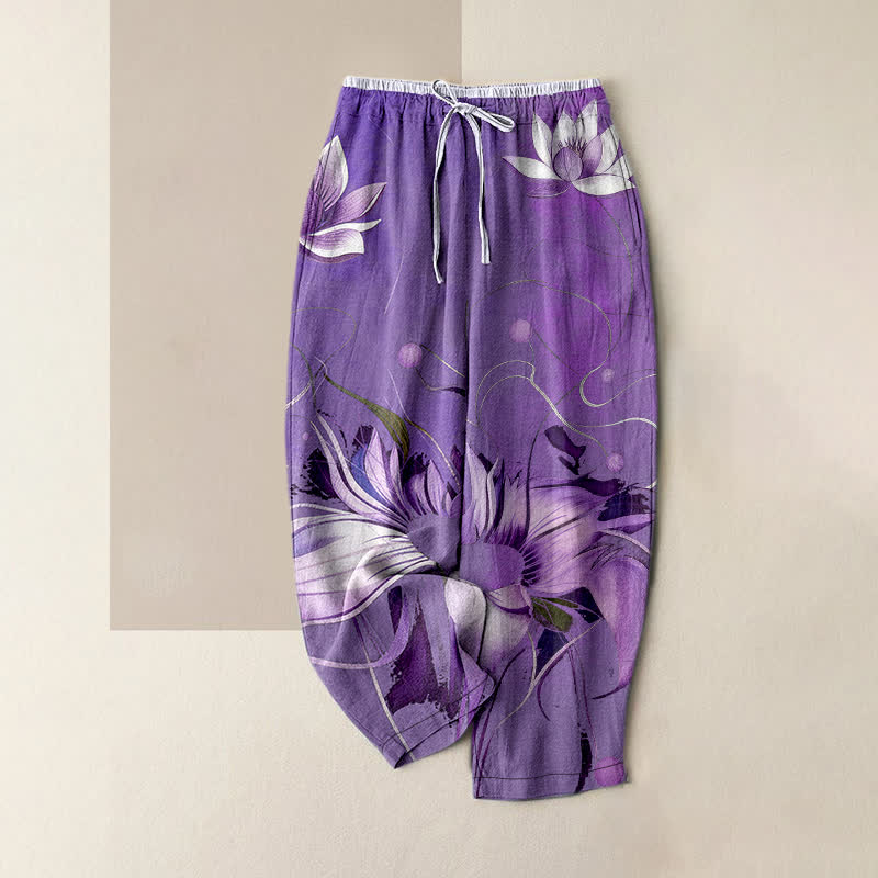Buddha Stones Pantalon femme en pur coton violet imprimé lotus, taille élastique et poches - Violet moyen - US16，UK/AU20，EU48 (3XL) - image 5