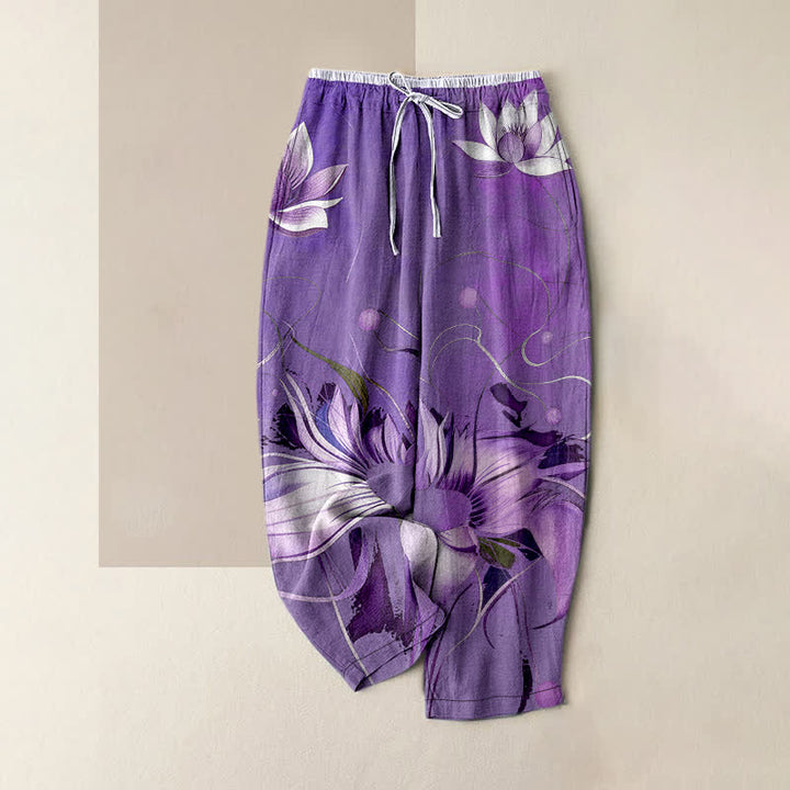 Buddha Stones Pantalon femme en pur coton violet imprimé lotus, taille élastique et poches - Violet moyen - US16，UK/AU20，EU48 (3XL) - image 5