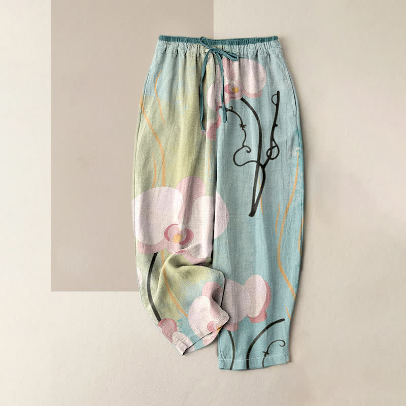 Buddha Stones Pantalon en coton imprimé orchidées, taille élastique avec cordon de serrage et poches pour femme - Bleu poudré - US16，UK/AU20，EU48 (3XL) - image 0