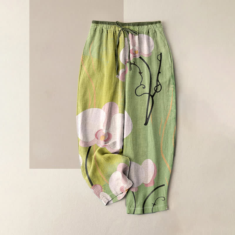 Buddha Stones Pantalon en coton imprimé orchidées, taille élastique avec cordon de serrage et poches pour femme - Vert foncé - US16，UK/AU20，EU48 (3XL) - image 3