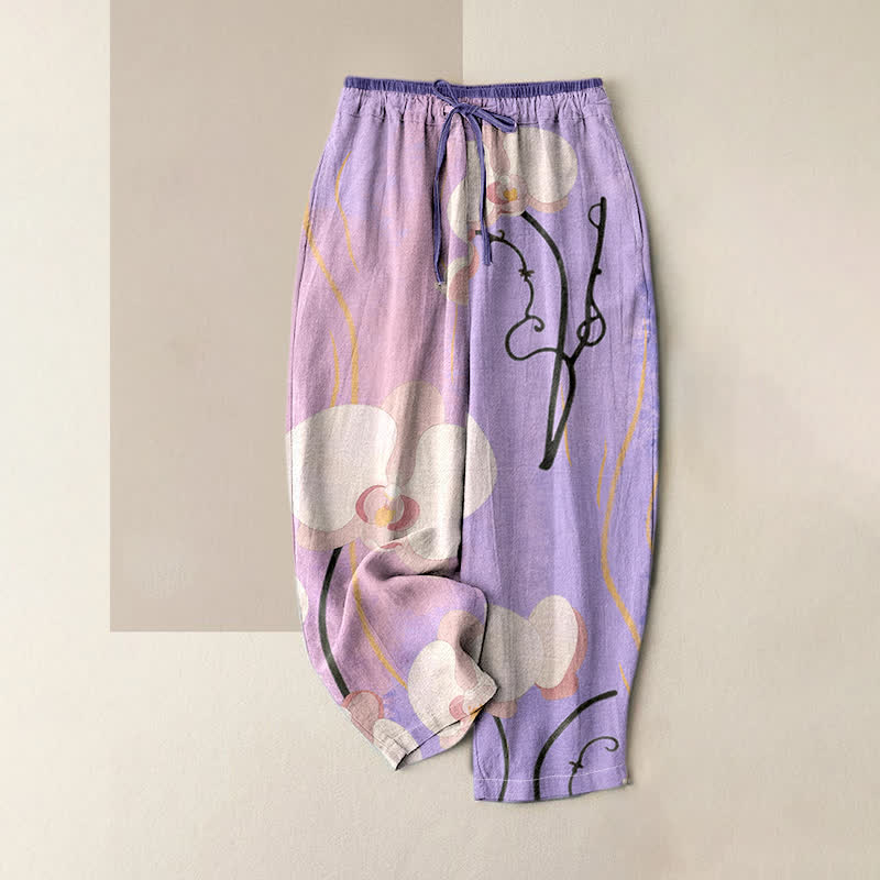Buddha Stones Pantalon en coton imprimé orchidées, taille élastique avec cordon de serrage et poches pour femme - Violet moyen - US16，UK/AU20，EU48 (3XL) - image 4