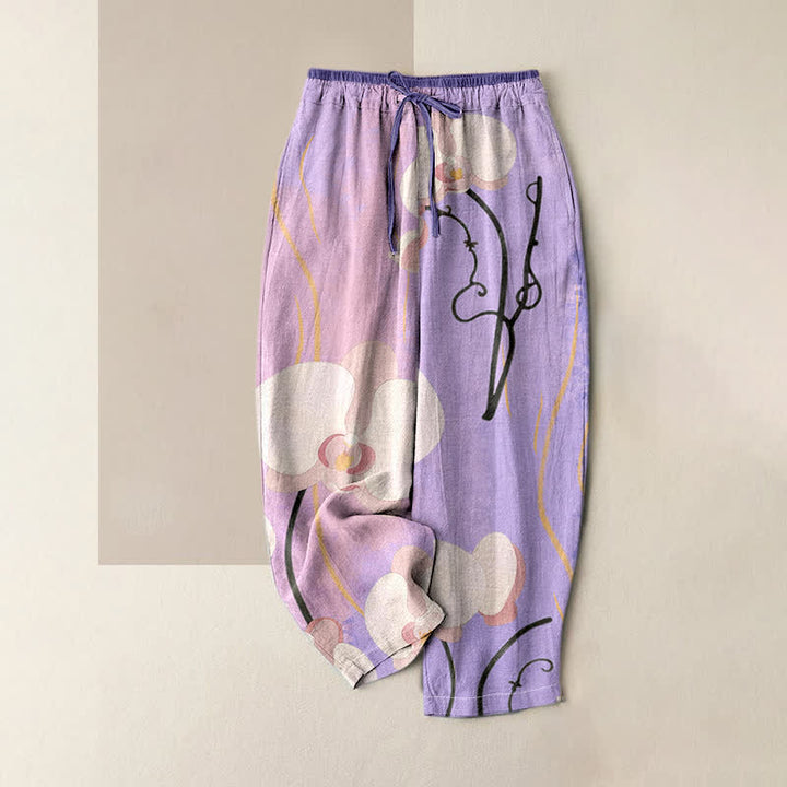 Buddha Stones Pantalon en coton imprimé orchidées, taille élastique avec cordon de serrage et poches pour femme - Violet moyen - US16，UK/AU20，EU48 (3XL) - image 4