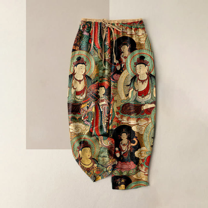 Buddha Stones Pantalon en pur coton pour femme, à taille élastique et à motifs de plusieurs Bouddhas, avec poches - NavajoBlanc - US16，UK/AU20，EU48 (3XL) - image 0