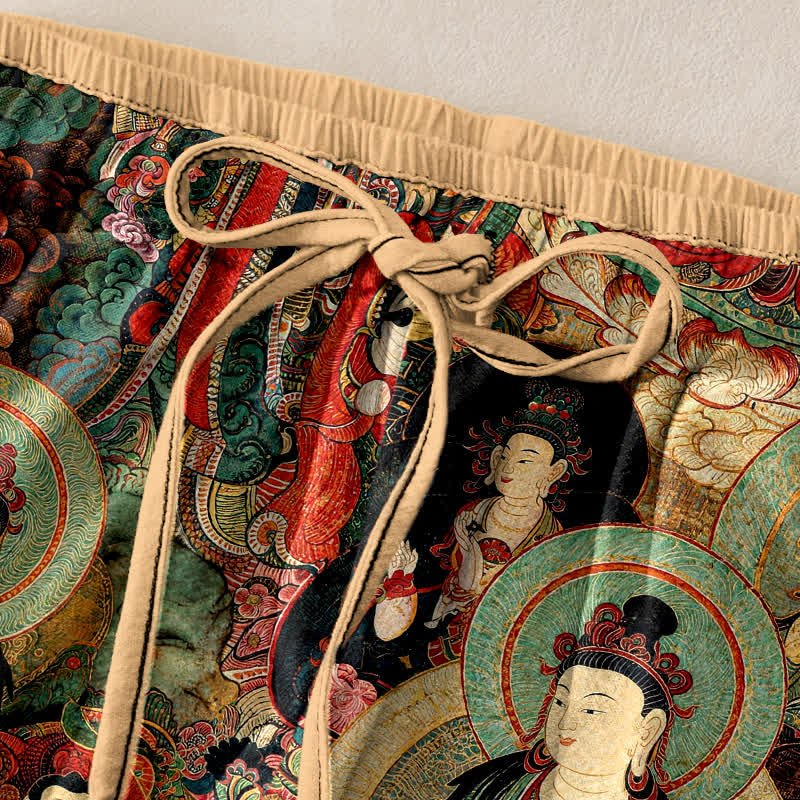 Buddha Stones Pantalon en pur coton pour femme, à taille élastique et à motifs de plusieurs Bouddhas, avec poches - image 1