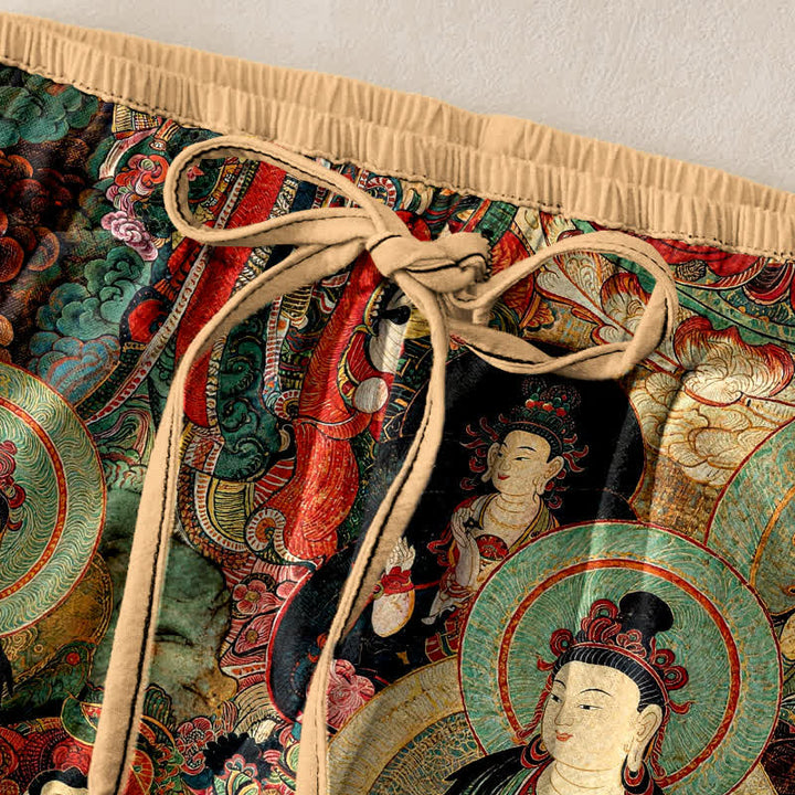 Buddha Stones Pantalon en pur coton pour femme, à taille élastique et à motifs de plusieurs Bouddhas, avec poches - image 1
