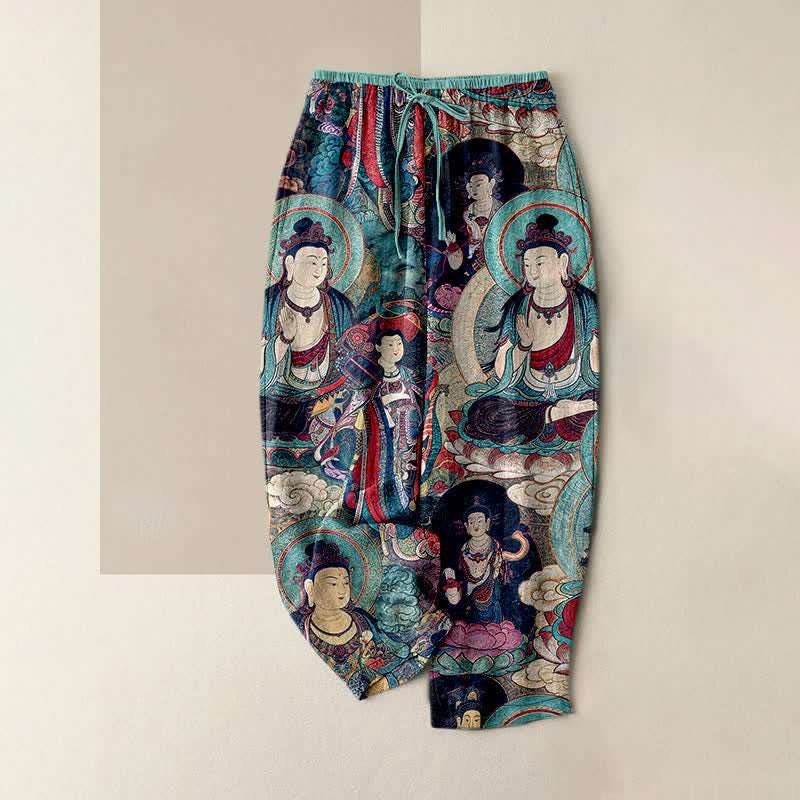 Buddha Stones Pantalon en pur coton pour femme, à taille élastique et à motifs de plusieurs Bouddhas, avec poches - Turquoise - US16，UK/AU20，EU48 (3XL) - image 4