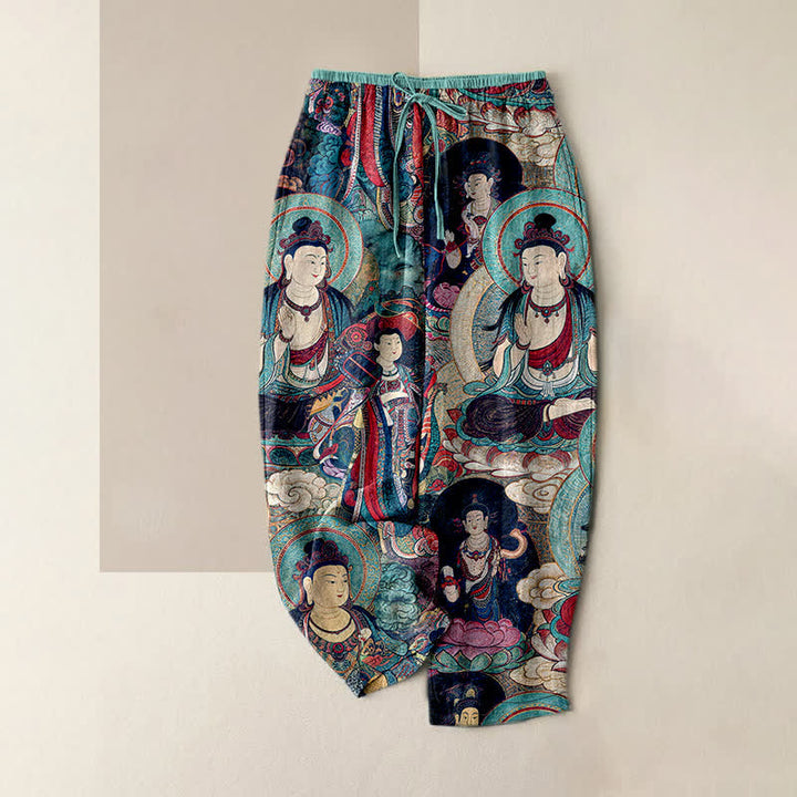 Buddha Stones Pantalon en pur coton pour femme, à taille élastique et à motifs de plusieurs Bouddhas, avec poches - Turquoise - US16，UK/AU20，EU48 (3XL) - image 4