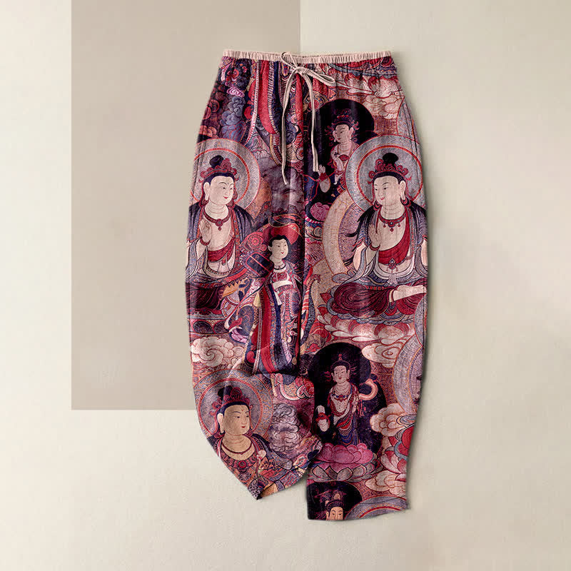 Buddha Stones Pantalon en pur coton pour femme, à taille élastique et à motifs de plusieurs Bouddhas, avec poches - Rose - US16，UK/AU20，EU48 (3XL) - image 5