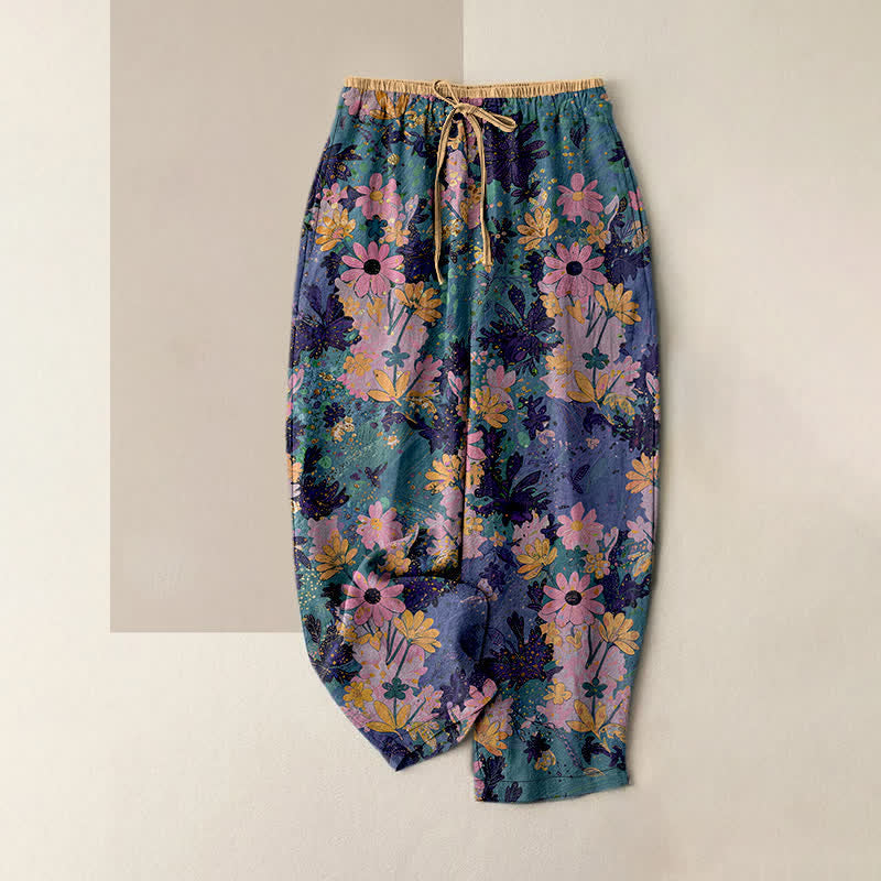 Buddha Stones Pantalon pour femme en pur coton à imprimé floral coloré, taille élastique et poches - DarkCyan - US16，UK/AU20，EU48 (3XL) - image 0