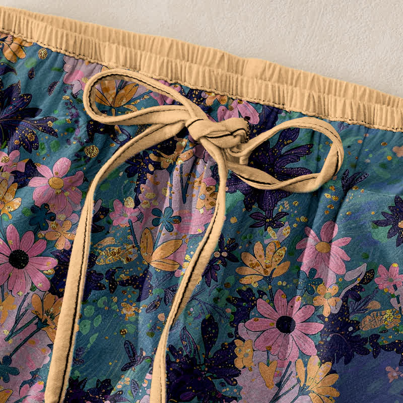 Buddha Stones Pantalon pour femme en pur coton à imprimé floral coloré, taille élastique et poches - image 1