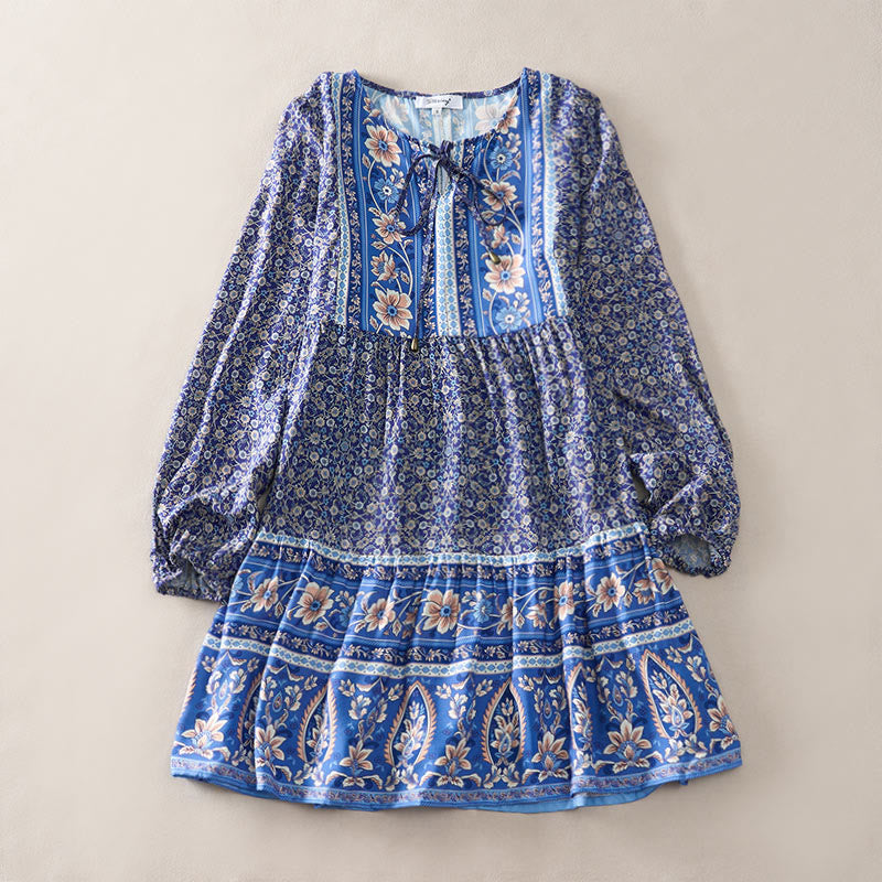 Buddha Stones Robe mini automnale bohème en coton à imprimé floral cachemire, manches bouffantes et col à nouer. - image 0