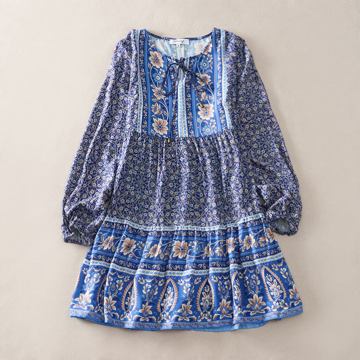 Buddha Stones Robe mini automnale bohème en coton à imprimé floral cachemire, manches bouffantes et col à nouer. - image 0