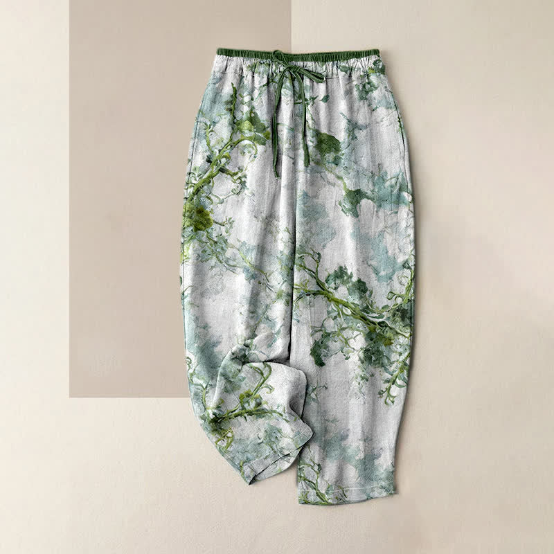 Buddha Stones Pantalon en pur coton pour femme avec poches, imprimé de branches et de motifs floraux - Sarcelle - US16，UK/AU20，EU48 (3XL) - image 0