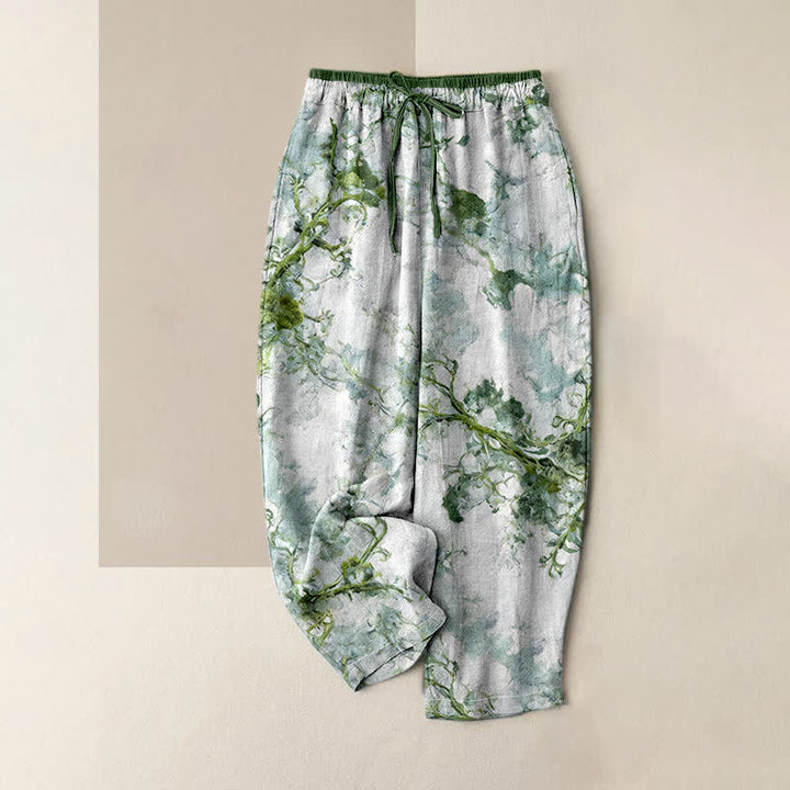 Buddha Stones Pantalon en pur coton pour femme avec poches, imprimé de branches et de motifs floraux - Sarcelle - US16，UK/AU20，EU48 (3XL) - image 0